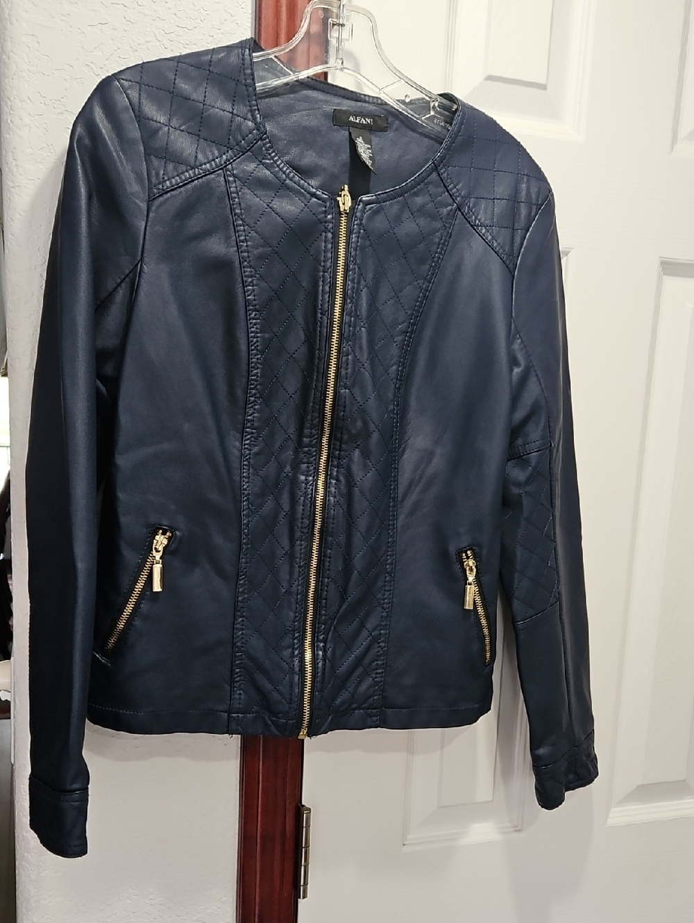 Alfani Navy Faux Leather Quilted Jacket with Gold Zippers
